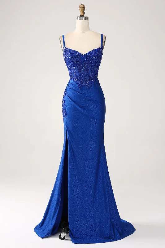 Mini Party Dress for Youthful Look -Glitter Royal Blue Mermaid Spaghetti Straps Long Prom Dress with Appliques