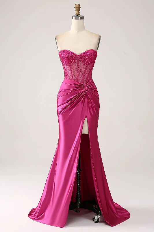 Maxi Party Dress for Elegant Appeal -Fuchsia Mermaid Sweetheart Pleated Long Corset Satin Prom Dress With Slit