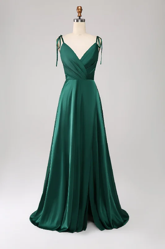 Gold Party Dress for Glamorous Look -Simple Dark Green Spaghetti Straps Ruched Prom Dress with Slit