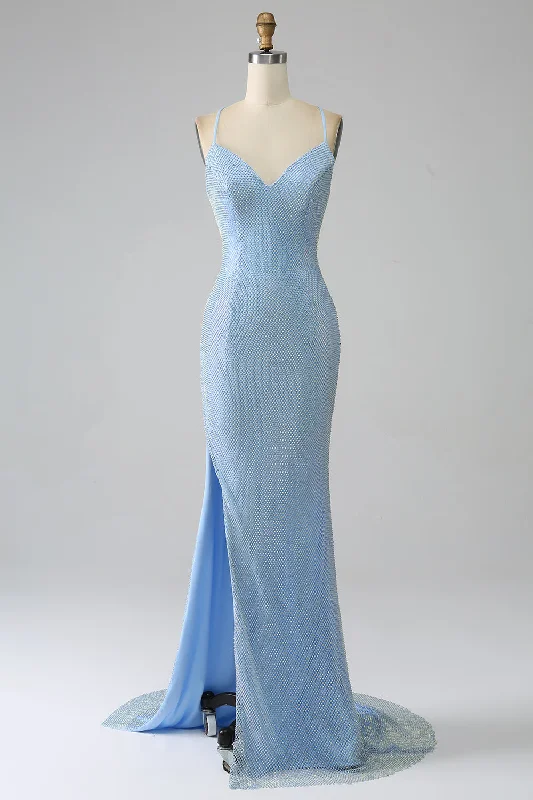 Party Dress for Office Party -Mermaid Blue Long Prom Dress with Slit