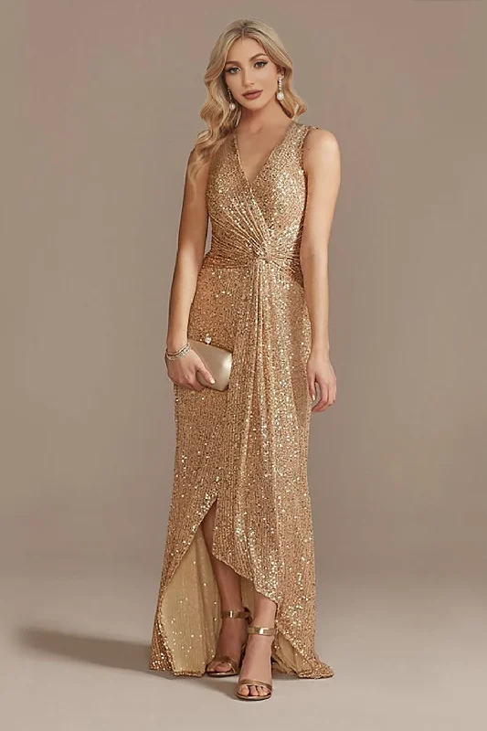 Prom Dresses for School Dance -Champagne V-Neck High Low Sequin Formal Dress