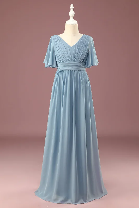 Sequined Dresses for Sparkle -A-line Chiffon V-neck Floor Length Short Sleeves Junior Bridesmaid Dress