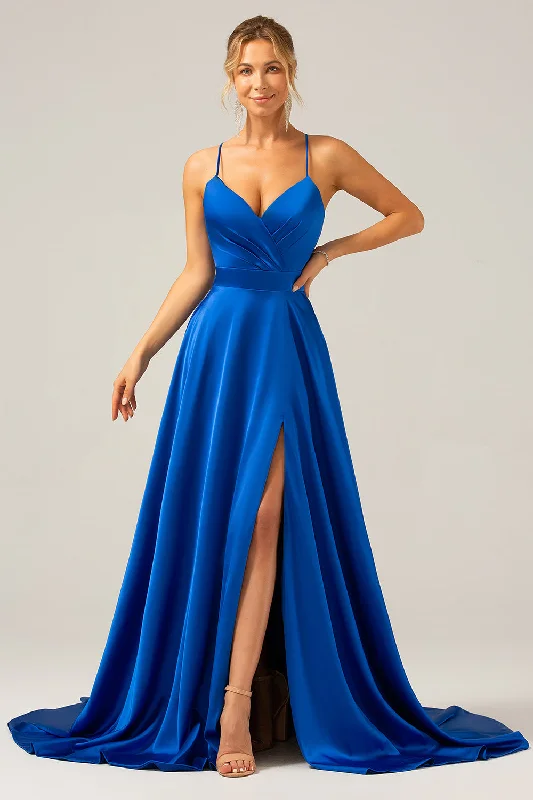 Red Party Dress for Statement Look -Royal Blue A Line Spaghetti Straps Satin Long Prom Bridesmaid Dress with Slit