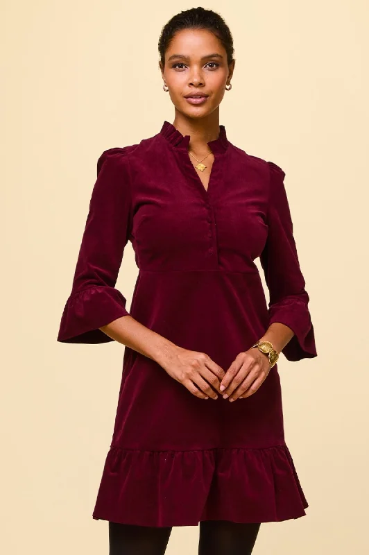 Flared Dresses for Retro -Percy Short Stretch Corduroy Dress | Wine