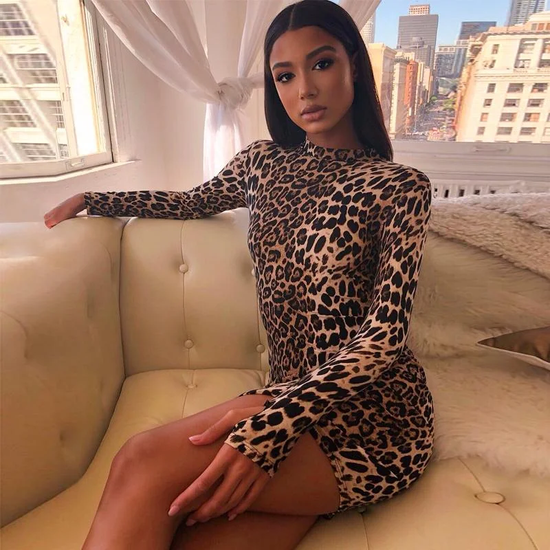 Graduation Dresses for Milestone -Women's Autumn Winter Sexy Long Sleeve High Neck Leopard Bodycon Dress