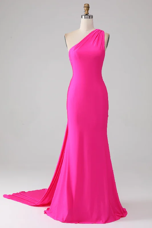 Mermaid Party Dress for Glamorous Fit -Mermaid Hot Pink One Shoulder Long Prom Dress