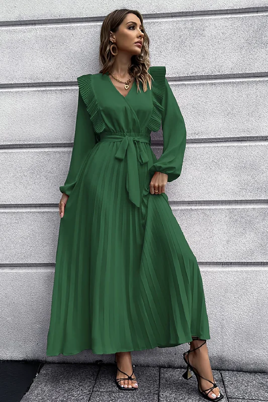 Mini Dresses for Youthful Look -A-Line Long Sleeves Dark Green Casual Dress with Ruffles