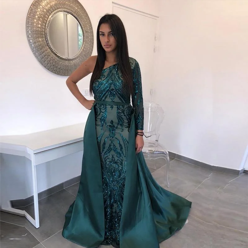 Birthday Dresses for Celebration -Green One Shoulder One Sleeve Sequin Floor-Length Long Maxi Dress Gown