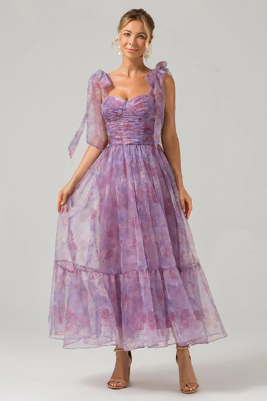 Belted Party Dress for Defined Waist -Purple A Line Pleated Printed Tea-Length Prom Dress