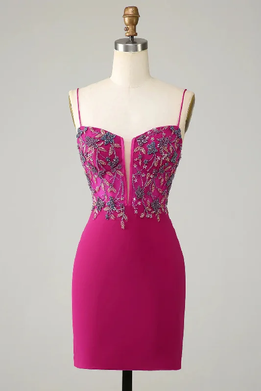 Tie-up Dresses for Decorative -Stylish Bodycon Spaghetti Straps Fuchsia Short Homecoming Dress with Beaded