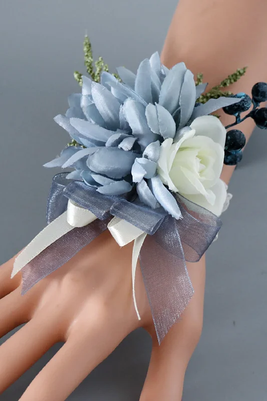 Party Dress for Prom Night -Grey Blue Wrist Corsage and Men Boutonniere Set for Prom Wedding Party