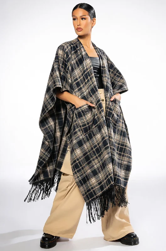 Light Wash Denim Dress for Fresh -PLAID PU FRINGE PONCHO