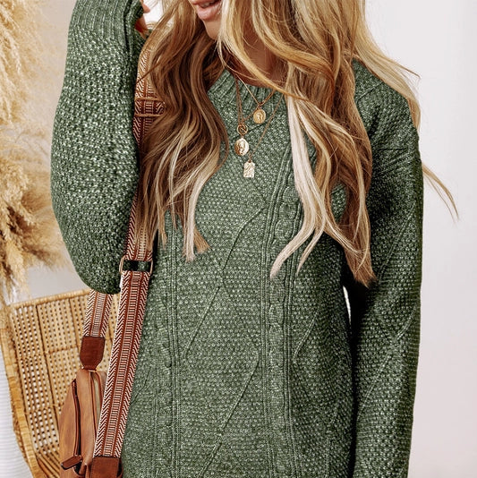 Work Dresses for Professional -Women's Cable Knit Drop Shoulder Sweater Dress in Mist Green