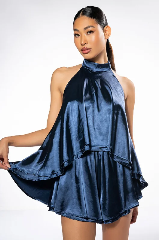 Denim Dress with Rhinestones for Glam -EASY GOING HIGH LOW SATIN HALTERNECK TOP