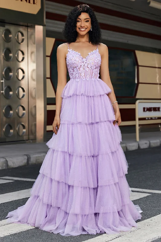 Bell Sleeve Party Dress for Bohemian -Purple Princess A Line Spaghetti Straps Corset Prom Dress with Appliques Ruffles