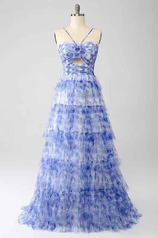 Party Dress for Indoor Party -Blue Printed A Line Tiered Hollow-out Long Prom Dress