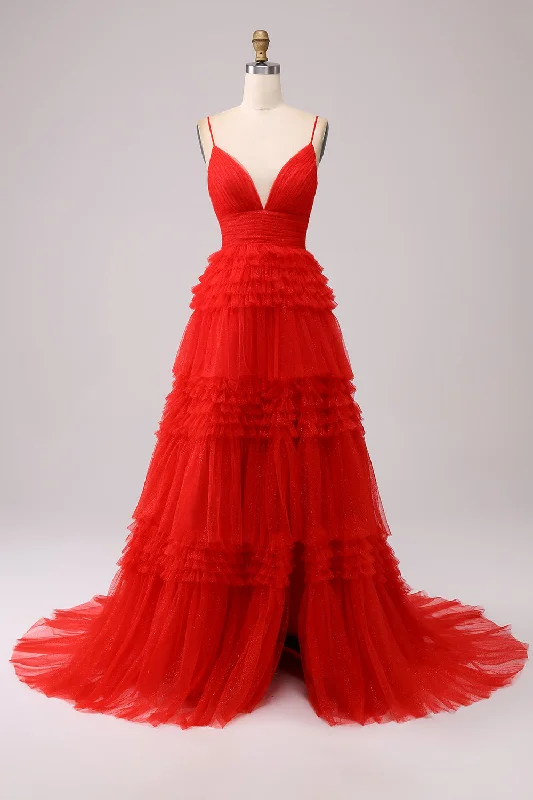 Belted Party Dress for Defined Waist -Red A Line Spaghetti Straps Long Prom Dress with Ruffles