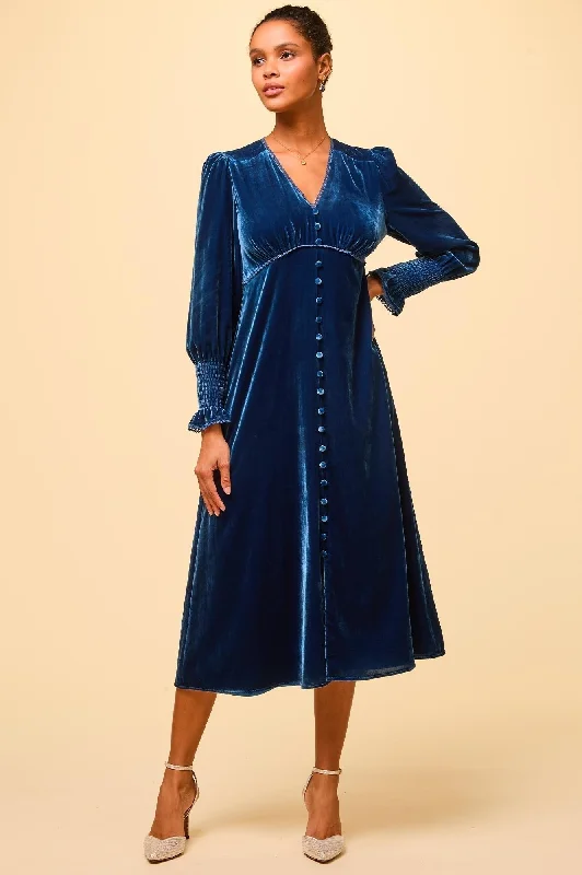 Nylon Dresses for Stretchable -Long Sleeve Velvet Sally Anne Dress | Blue Sapphire