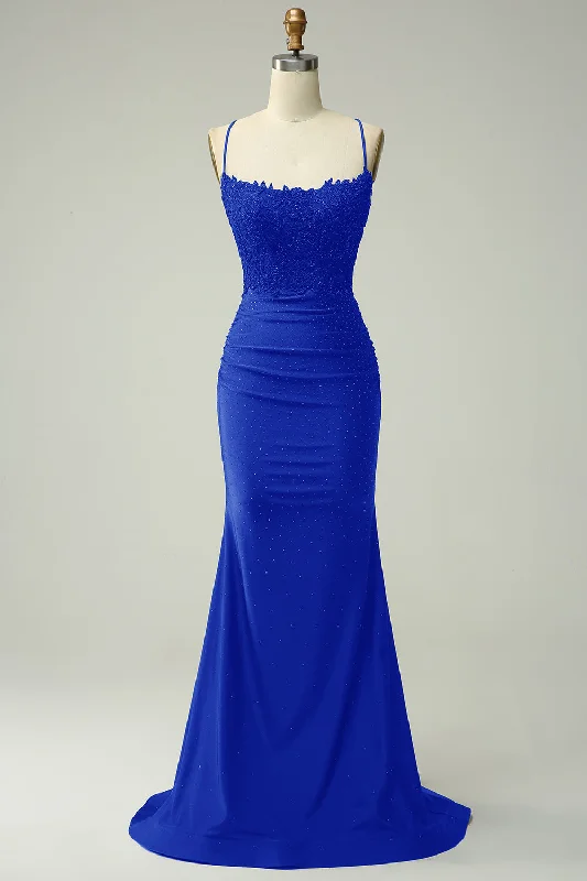 Party Dress for Birthday Party -Trendy Mermaid Halter Neck Royal Blue Long Prom Dress with Appliques Beading