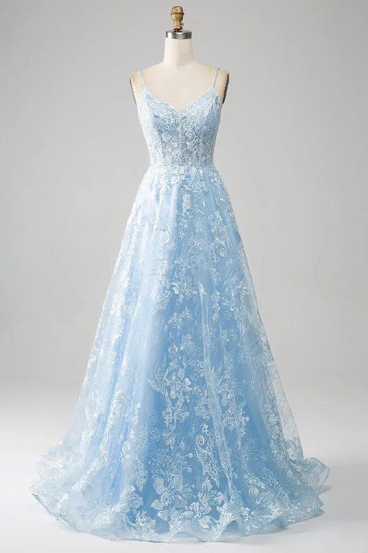 Sleeveless Party Dress for Cool Feel -Sky Blue A-Line Spaghetti Straps Lace Long Corset Prom Dress