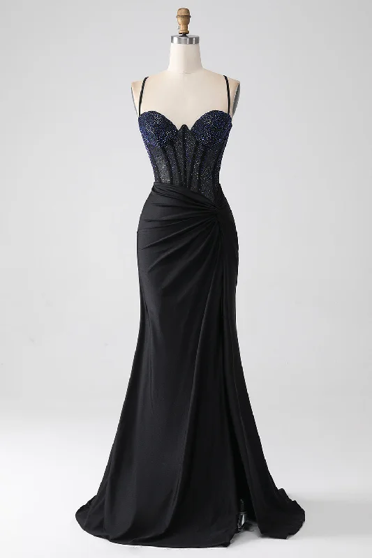 Party Dress for Casual Party -Black Mermaid Spaghetti Straps Long Corset Prom Dress With Beading