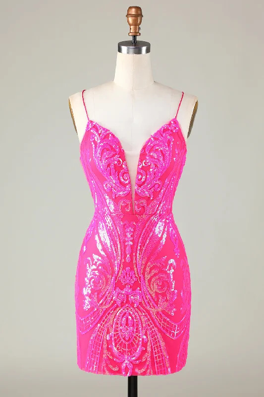 Polyester Dresses for Durable -Trend Hot Pink Lace Up Tight Glitter Homecoming Dress