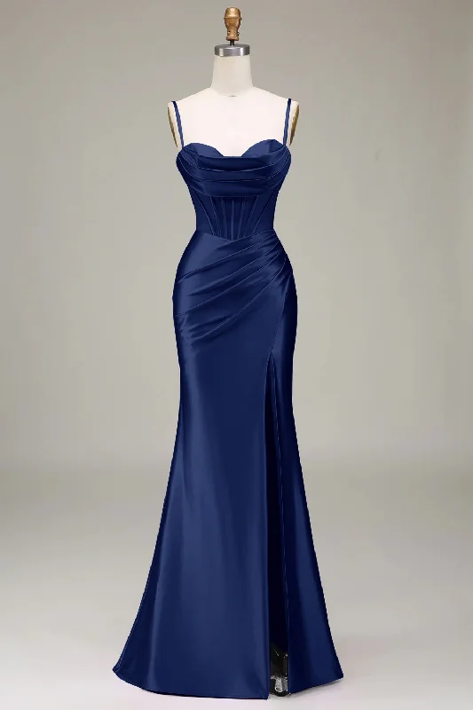 Party Dress for Office Party -Navy Mermaid Spaghetti Straps Corset Prom Dress with Split Front