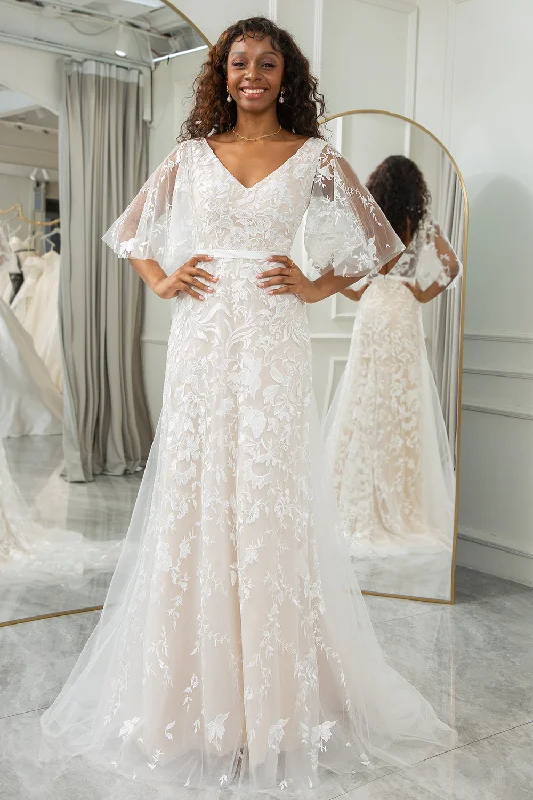 Studded Dresses for Statement -Ivory Batwing Sleeves Lace Sweep Train Wedding Dress