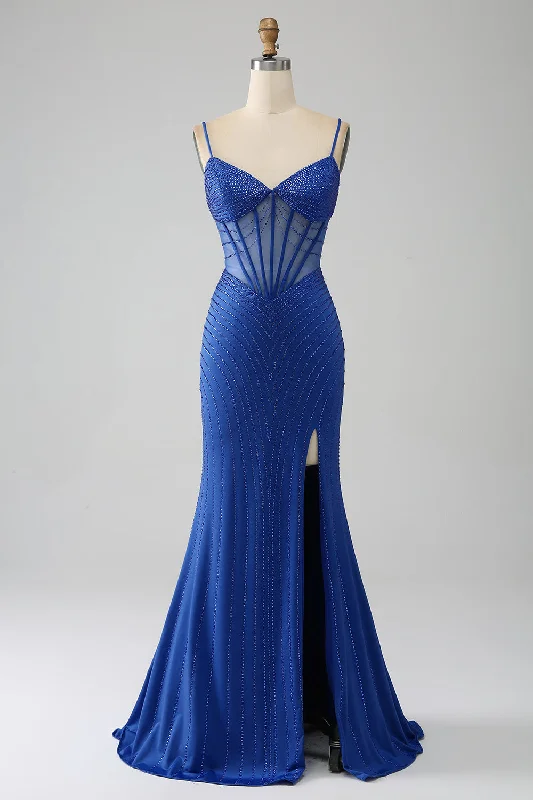 Party Dress for Prom Night -Royal Blue Mermaid Corset Prom Dress with Beading