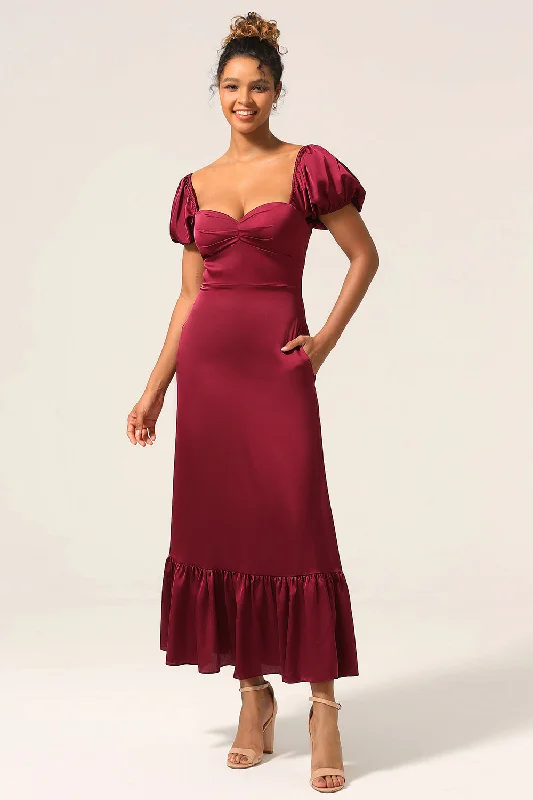 Black Dresses for Versatile -Sweetheart Burgundy Bridesmaid Dress with Puff Sleeves