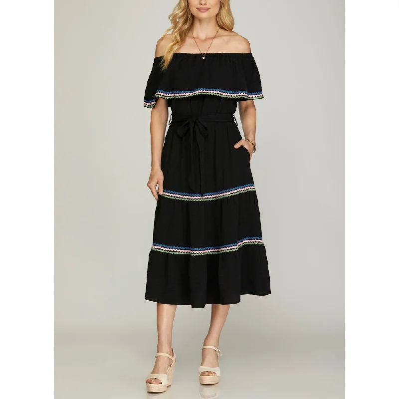 Flared Dresses for Retro -She+Sky Womens Off Shoulder Dress - SY7185