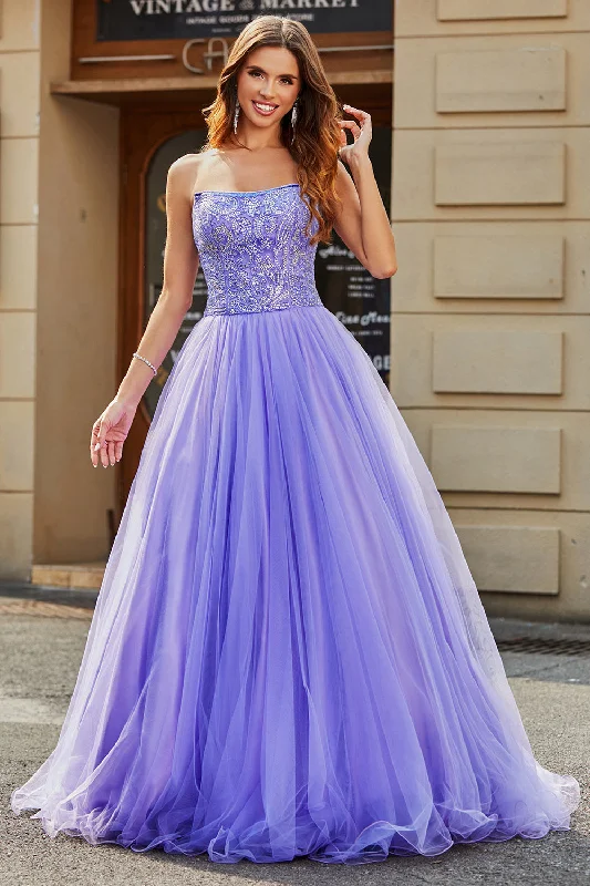 Party Dress for Graduation Party -Stunning A Line Strapless Lilac Long Prom Dress with Beading