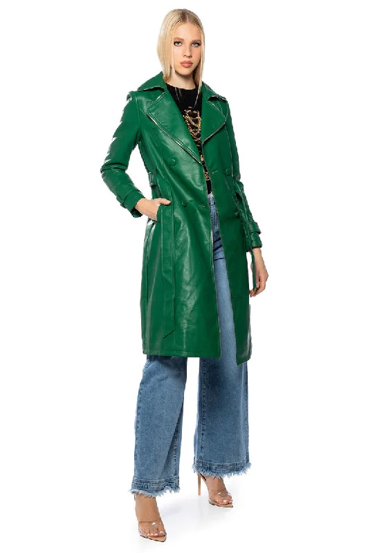 Denim Dress for Garden Parties -SANDO GREEN PLEATHER TRENCH COAT WITH ZIPPER TRIM