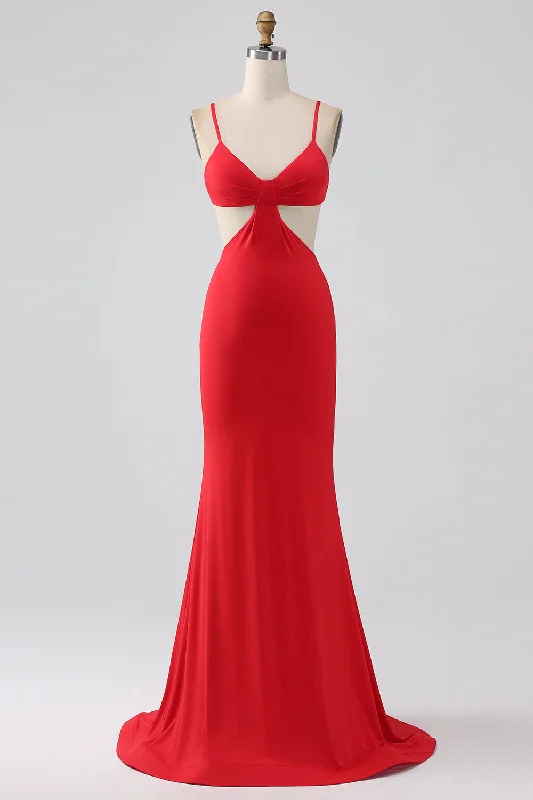 Velvet Party Dress for Rich Feel -Spaghetti Straps Mermaid Backless Red Long Prom Dress