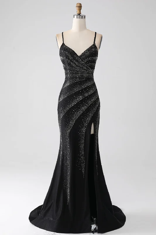 Party Dress with Buttons for Classic -Mermaid Beaded Black Prom Dress with Slit