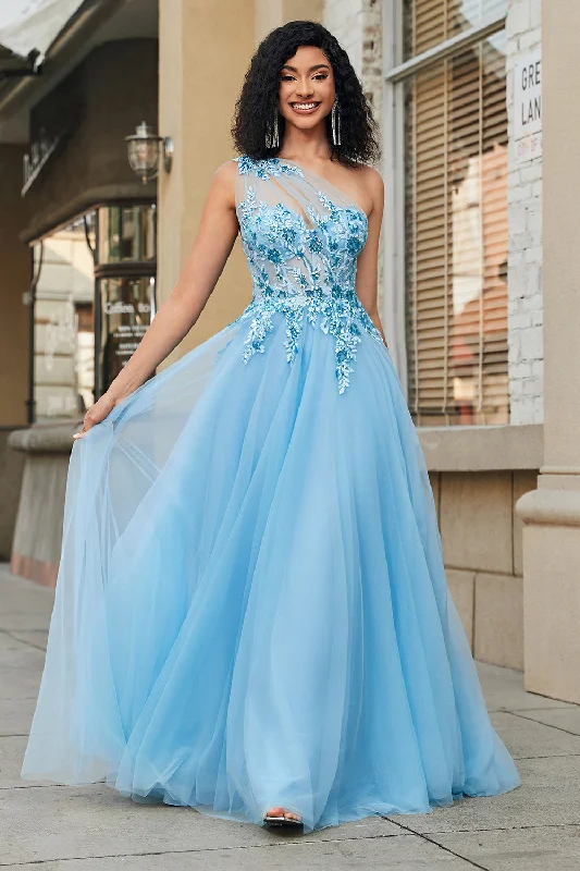 Silk Party Dress for Soft Touch -Gorgeous A Line One Shoulder Light Blue Corset Prom Dress with Appliques