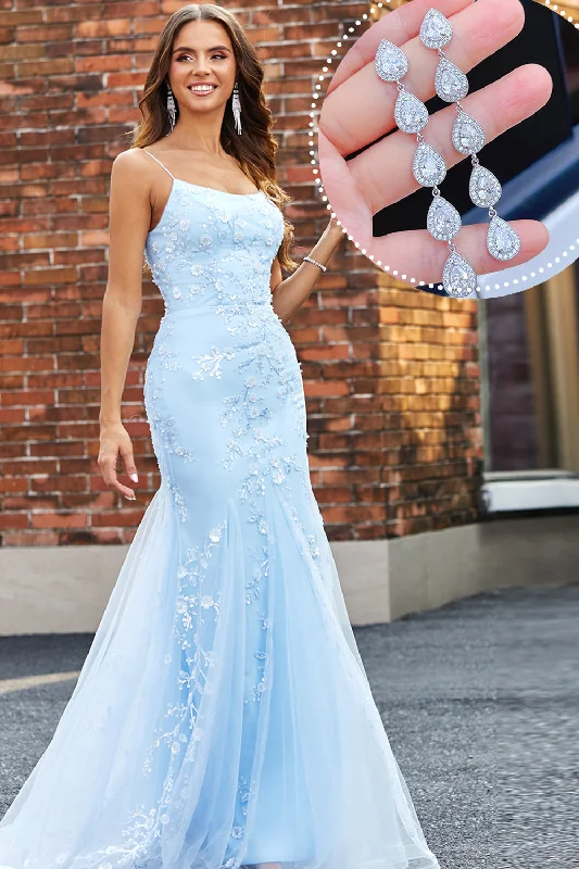 Tasseled Party Dress for Bohemian Look -Light Blue Sparkly Beaded Mermaid Long Prom Dress With Accessories Set