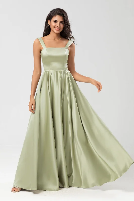 Off-shoulder Dresses for Feminine -Satin A Line Green Bridesmaid Dress with Pockets