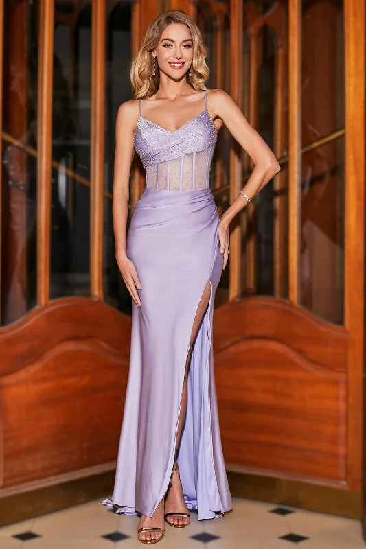 Green Party Dress for Fresh Appeal -Trendy Mermaid Spaghetti Straps Lilac Corset Prom Dress with Split Front