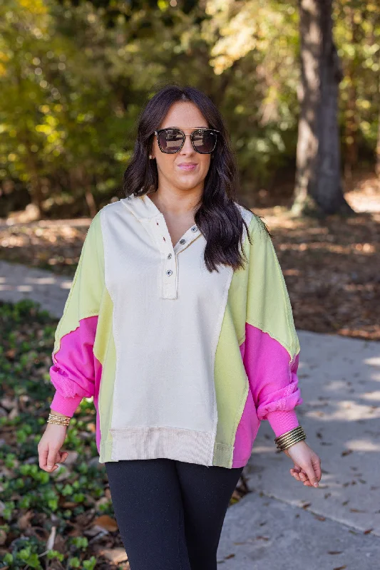 Trendy necklaces and pendants with statement pieces for a bold fashion statement-Blissful Days Ivory Colorblock Hoodie