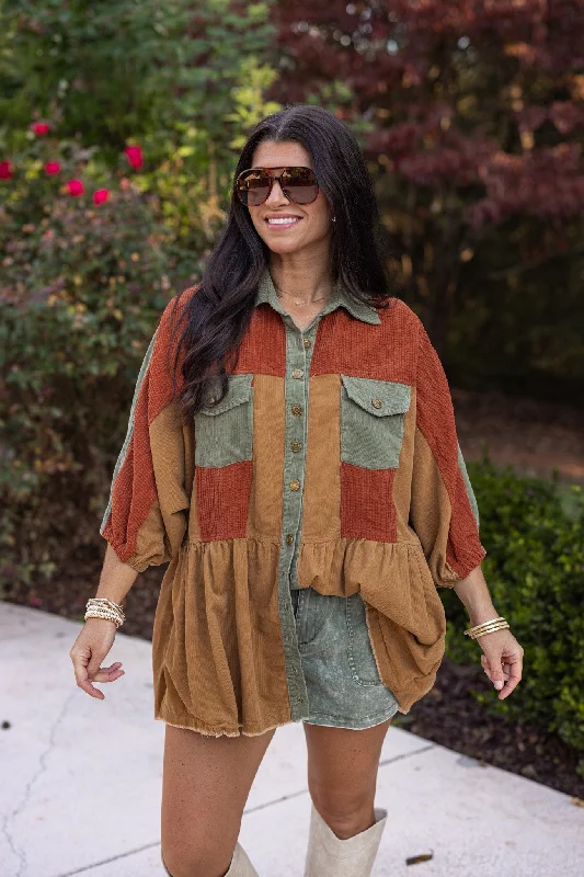 Simple necklaces and pendants with tiny charms for a delicate and casual vibe-Corduroy Fab Rust Colorblock Tunic