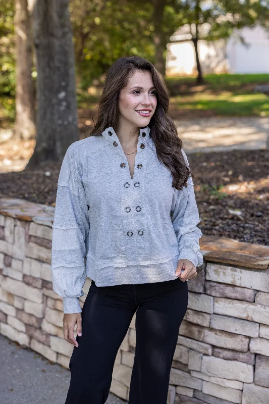 Best necklaces and pendants with crystal accents for a sparkling and elegant style-Eyelet Adorned Grey Knit Pullover