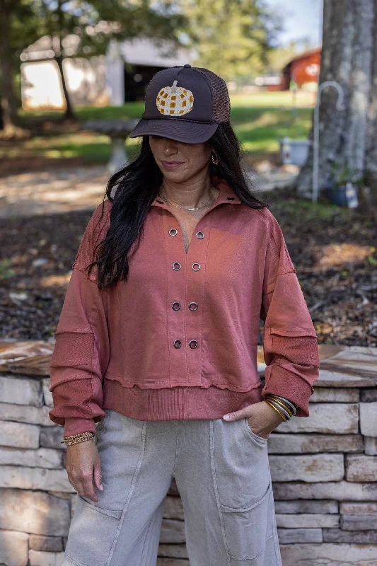 Unique necklaces and pendants with vintage-inspired designs for timeless appeal-Eyelet Adorned Rust Knit Pullover