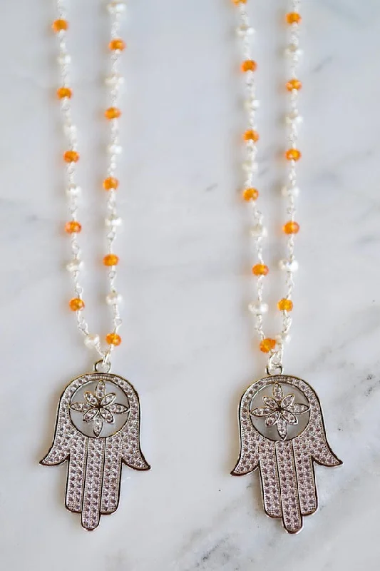 Unique necklaces and pendants with engraved messages for a sentimental gift-Orange Pearl Hamsa