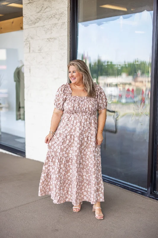 Beautiful necklaces and pendants with moonstone for an ethereal, mystical appearance-Puffy Florals Taupe Maxi Dress