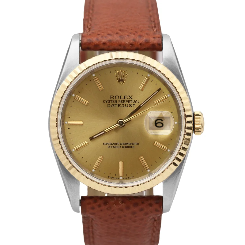 Beautiful necklaces and pendants with tree branch motifs for a nature-inspired design-Rolex DateJust TWO-TONE Yellow Gold Fluted CHAMPAGNE Brown Leather 36mm 16233