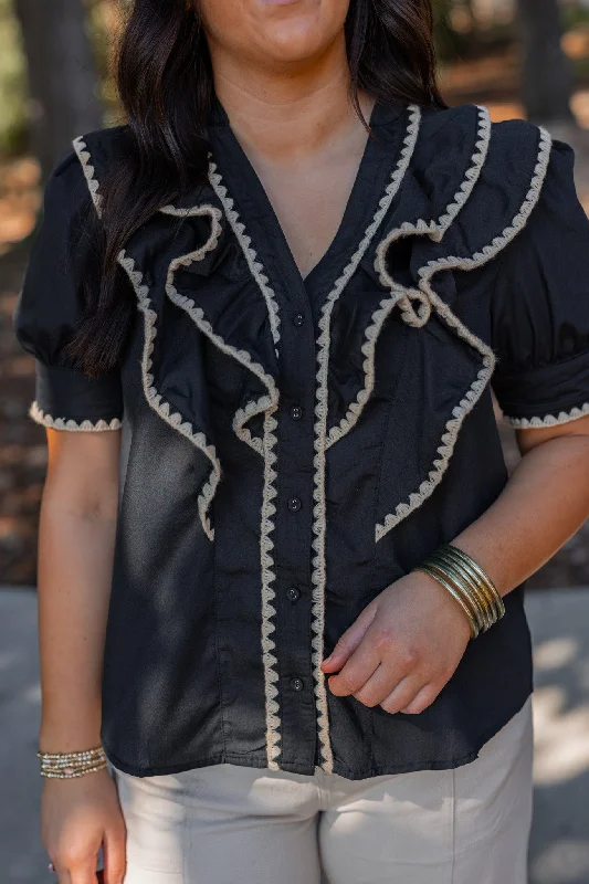 Necklaces and pendants with abstract shapes for a modern, creative appearance-Ruffled Frills Embroidered Black Top