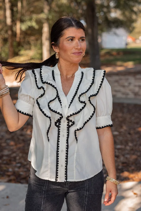 Beautiful necklaces and pendants with moon and star charms for a dreamy effect-Ruffled Frills Embroidered Cream Top