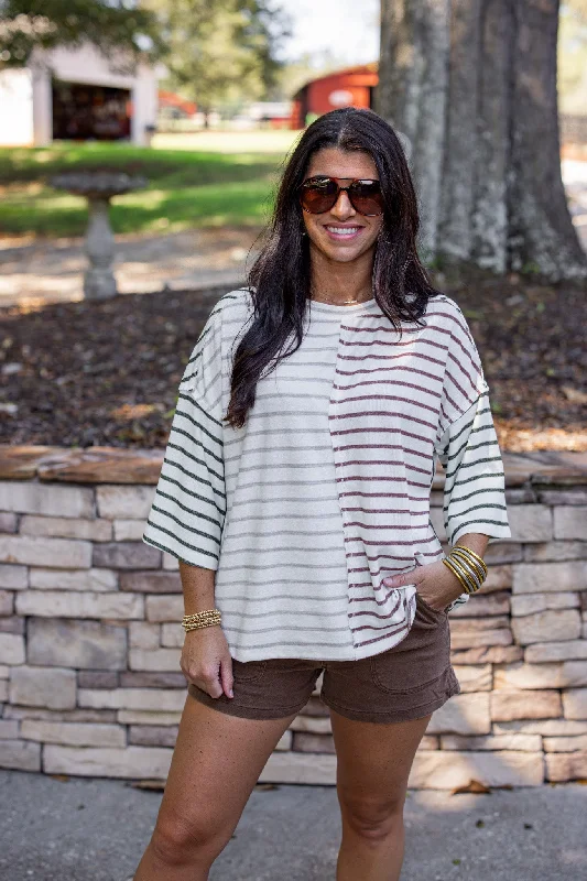 Fashionable necklaces and pendants with birthstones for a personalized gift idea-Striped Colorblock Cream Knit Top