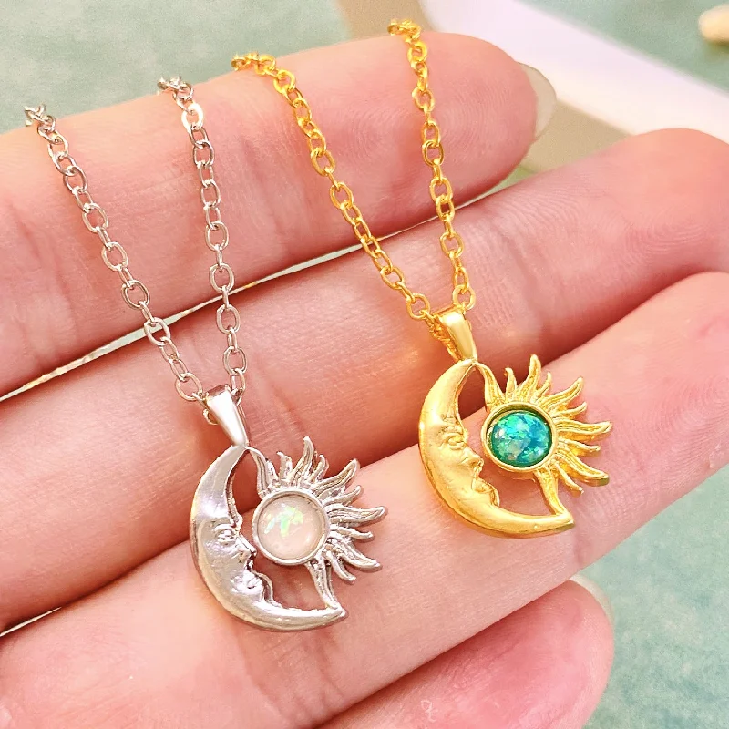 Beautiful necklaces and pendants with diamond halo settings for extra brilliance-Wholesale Opal Sun Moon Alloy Necklaces